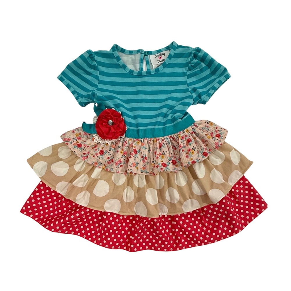 Counting Daisies Girls Dress Sz 5 Aqua Striped Floral Polka Dot Tiered Ruffle 29